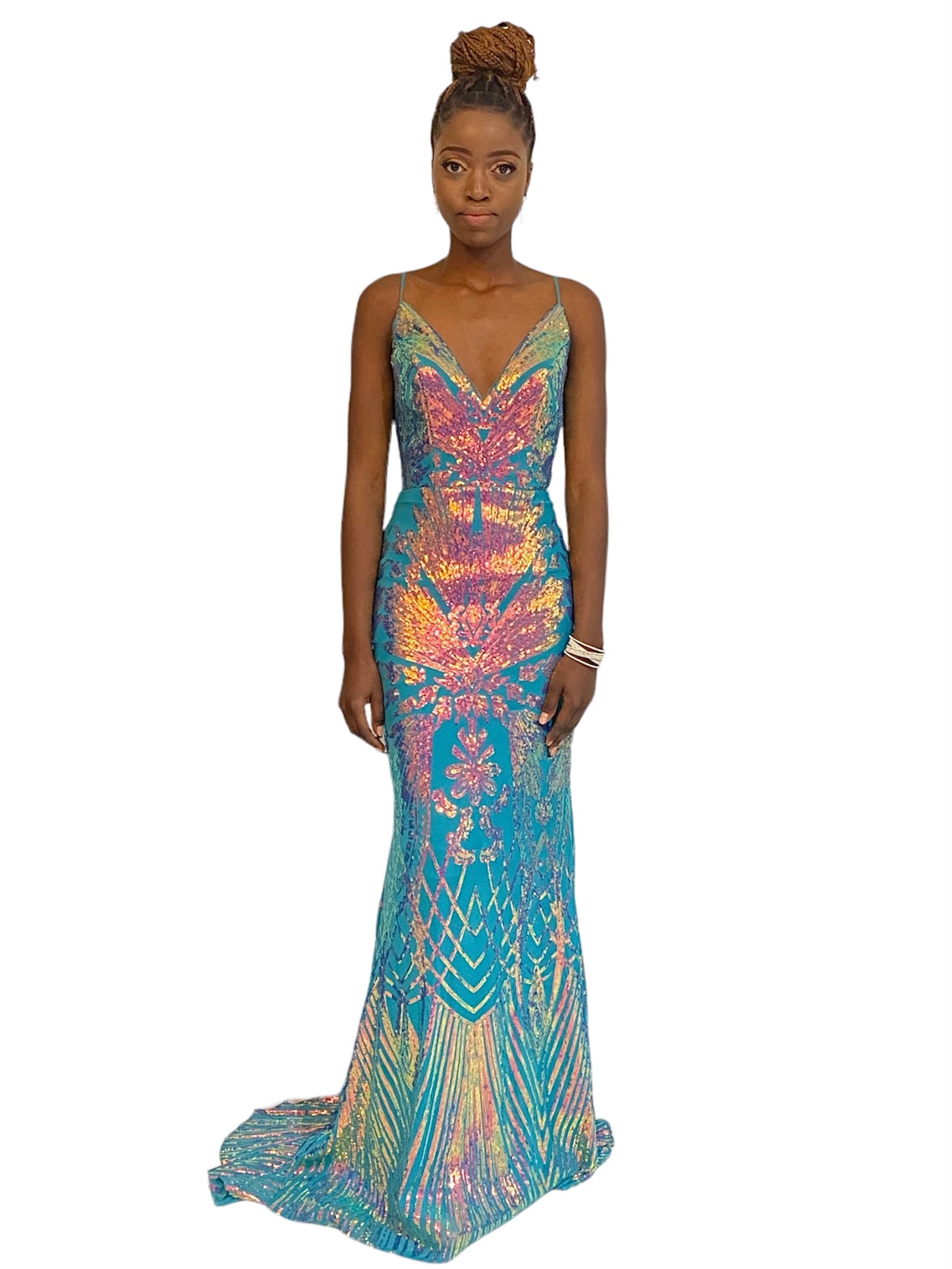 TURQUOISE MIXED SEQUINS LONG DRESS