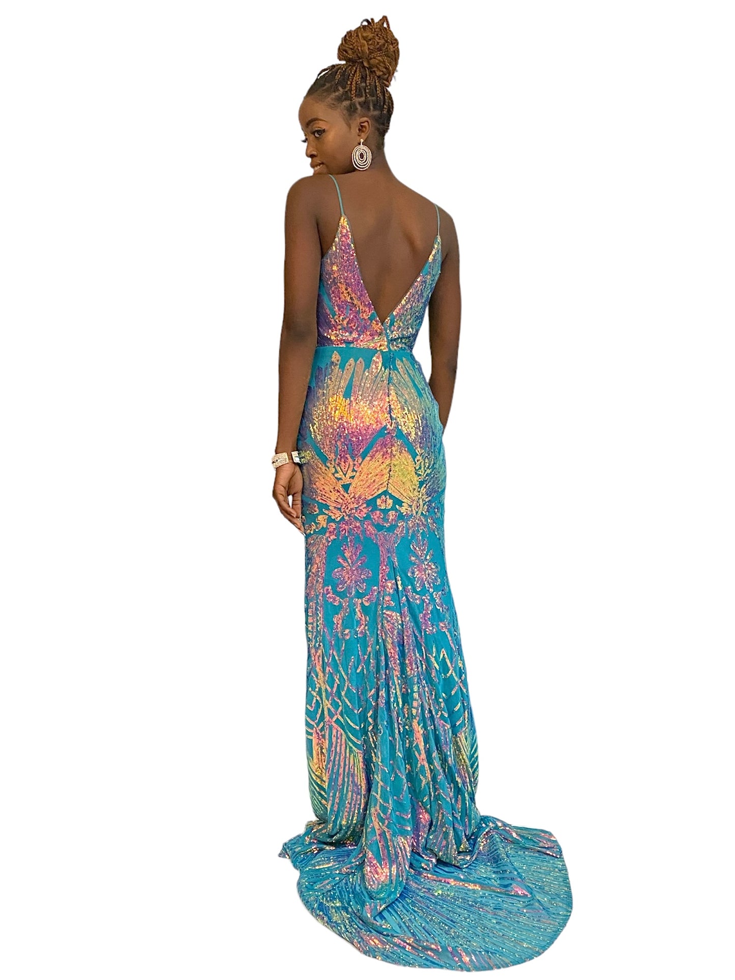 TURQUOISE MIXED SEQUINS LONG DRESS