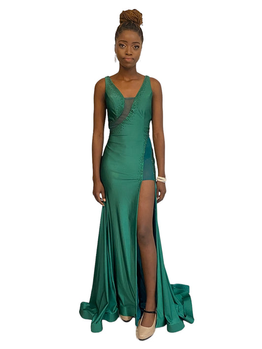 GREEN LONG DRESS WITH HIGH SLIT