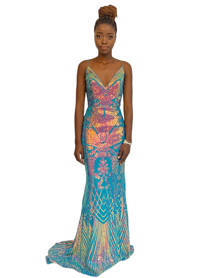 TURQUOISE MIXED SEQUINS LONG DRESS